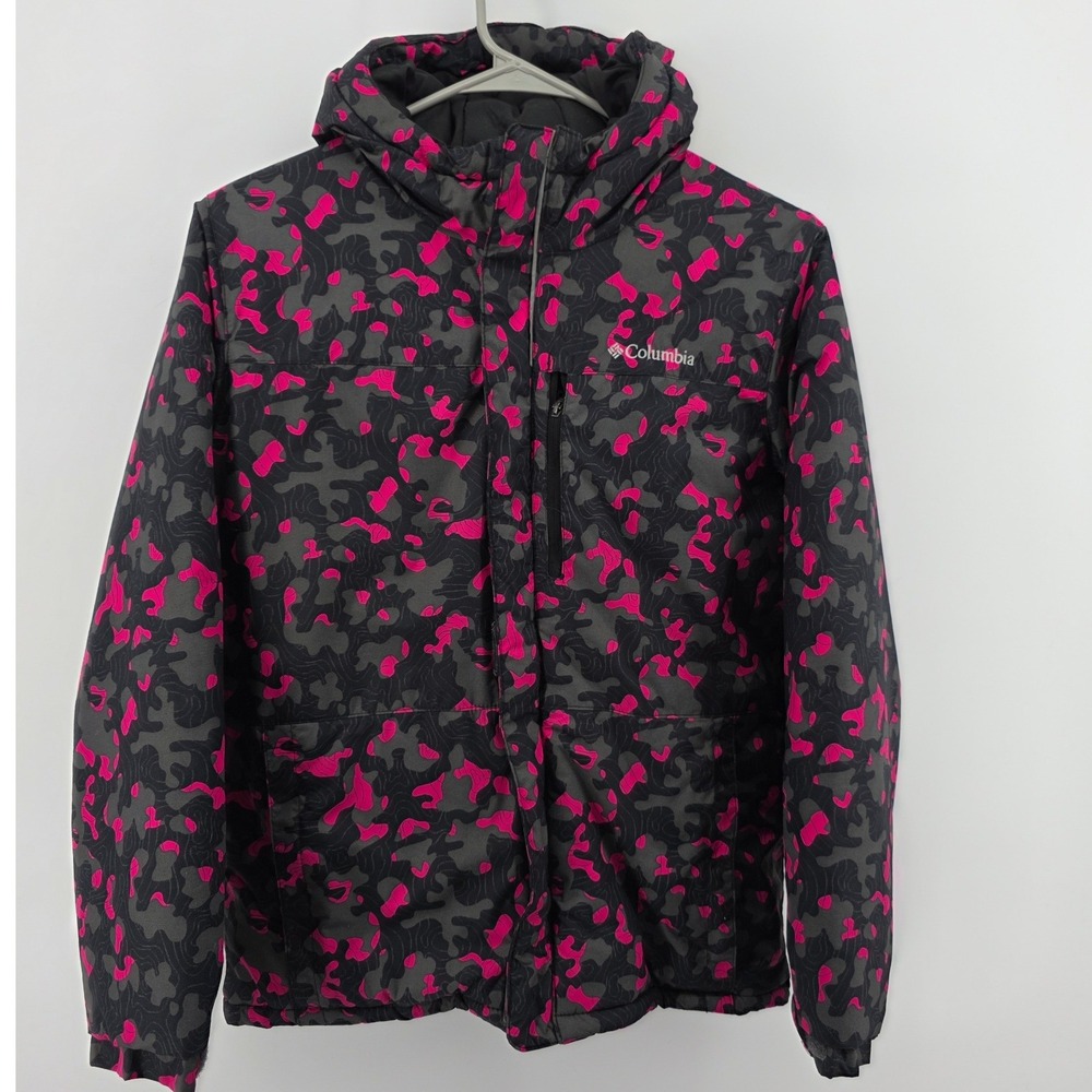 Columbia Pink Grey Camo Hooded Puffer Jacket Pockets Youth Kids Large 14/16 - Picture 3 of 12